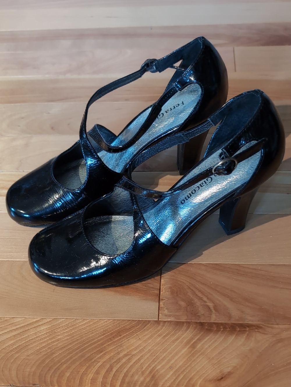 Black Patent T-Strap Heels